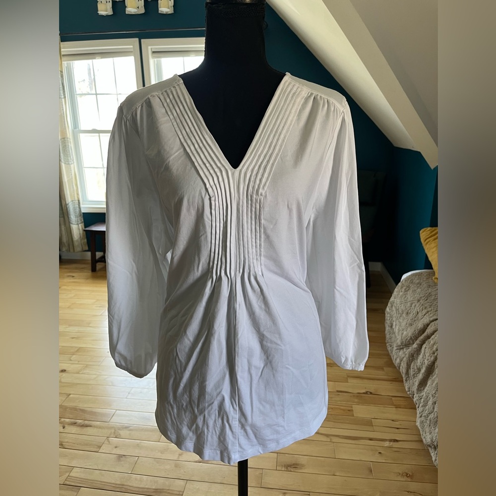 Lands End 1X Elegant White V-Neck Blouse